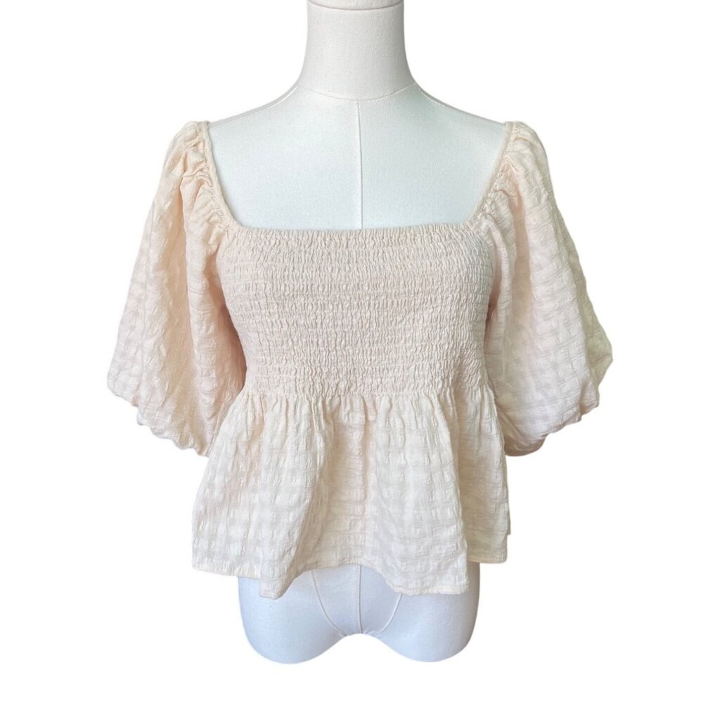 Cottagecore Smocked Gingham Babydoll Top Size M Puff Sleeve Coquette Milkmaid